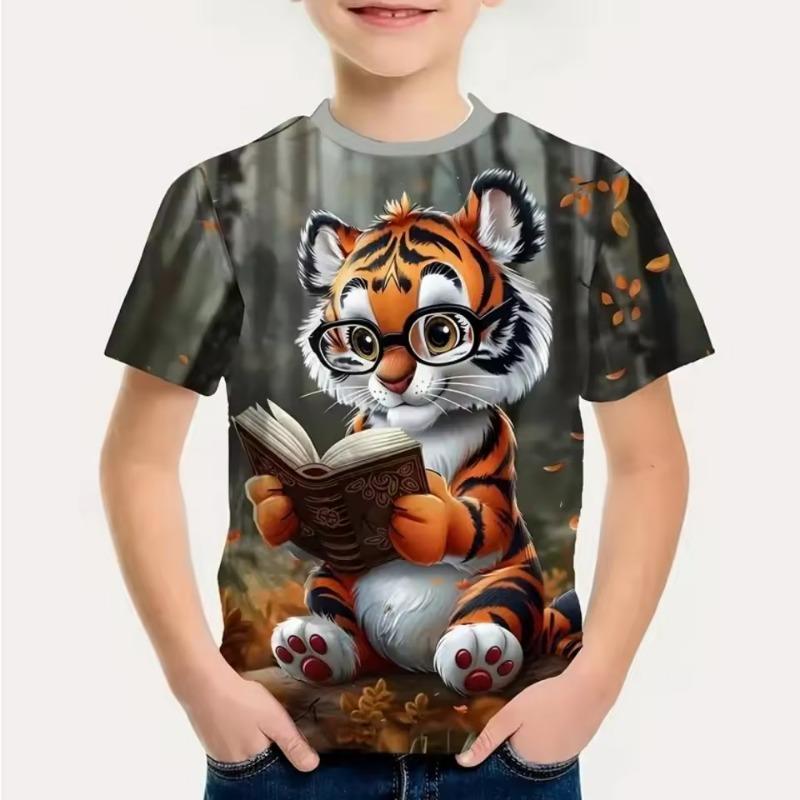 T-Shirts Boys Cute Cartoon Tiger 3D Print Short Sleeves Graphic T Shirts Fun Children's Clothing Sporting Style Boys Clothes