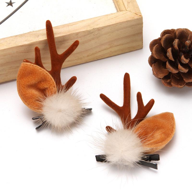 Japanese & Korean Style Flocked Coral Antler Ears Hair Clip for Christmas Photo Shoots
