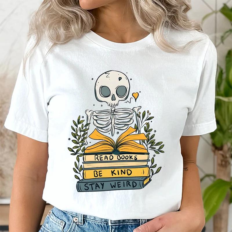 Read Books De Kind Stay Weird Tshirts Women Retro Skull Skeleton Tshirt Short Sleeve Oneck Shirt Bookworm Book Lover T Shirt S