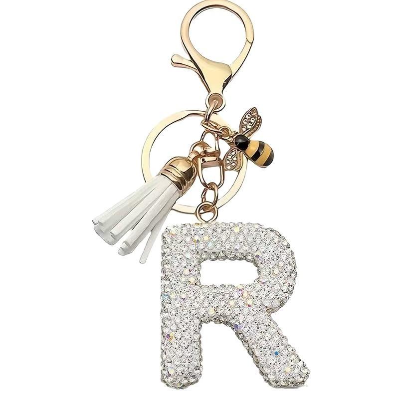 Błyszczący Rhinestone Litera Początkowa A Z Brelok Uroczy Breloczek z Pszczółką Ozdoba z Frędzli Spersonalizowane Prezenty Na Kluczyki Samochodowe Torbę