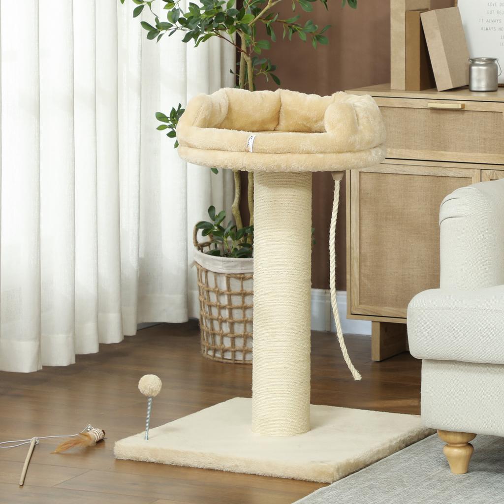 Cat Tree Scratcher Design Hanging Ball and Cord Toy + Plush Platform - 55 x 55 x 83 cm - Beige Sisal