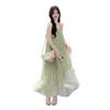Green Mesh Patchwork Floral Camisole Dress - Autumn 2026 Collection, Slimming Vacation Style for Women.