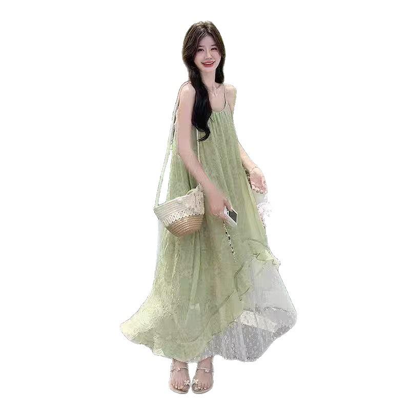 Green Mesh Patchwork Floral Camisole Dress - Autumn 2026 Collection, Slimming Vacation Style for Women.
