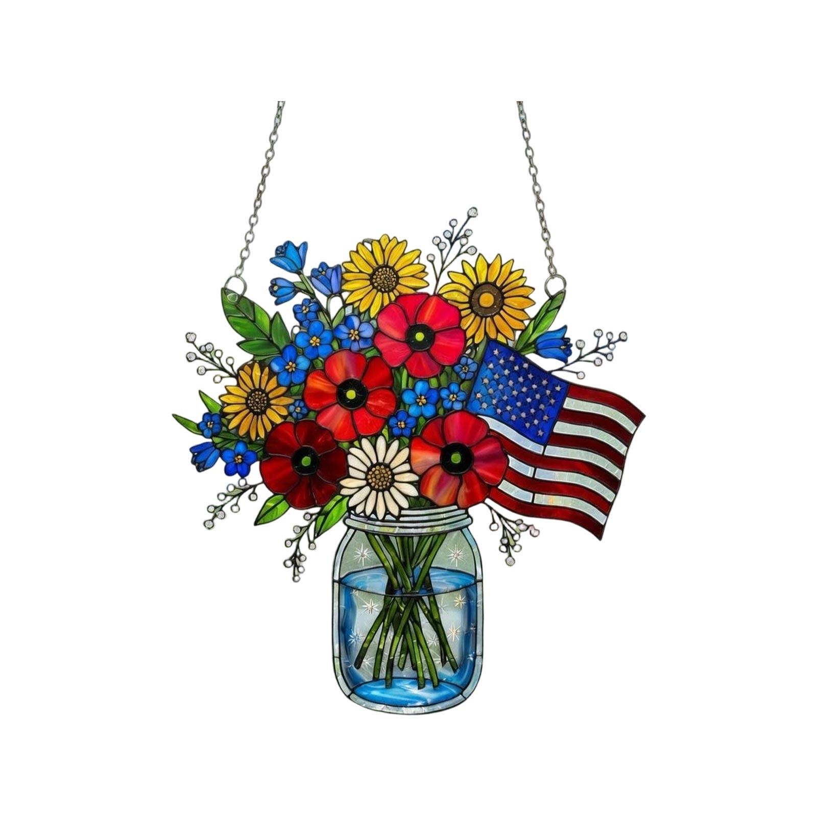 

Patriotic Acrylic Hanging Ornament Featuring Three Mason Jars with Stars and Stripes Pattern and Floral Arrangement with Chain for Display One Size