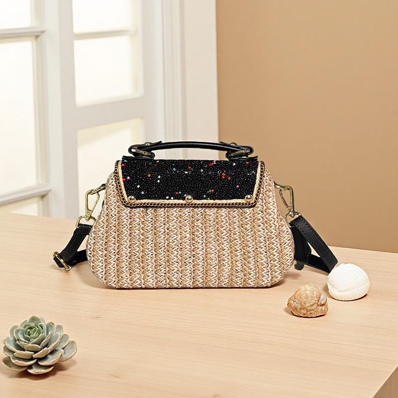Boho Beaded Rattan Crossbody Bag, Vacation-Ready Shoulder Purse with Essentials Organizer - Lightweight Woven Phone & Keys Holder for Travel