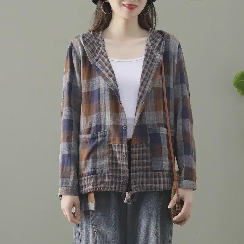 Women's Retro Plaid Hooded Cardigan Shirt
