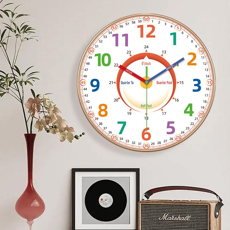 Time Teaching Wall Clock Colorful Number Silent Clock Educational Learning Tool for Classroom Bedroom School Household Decor