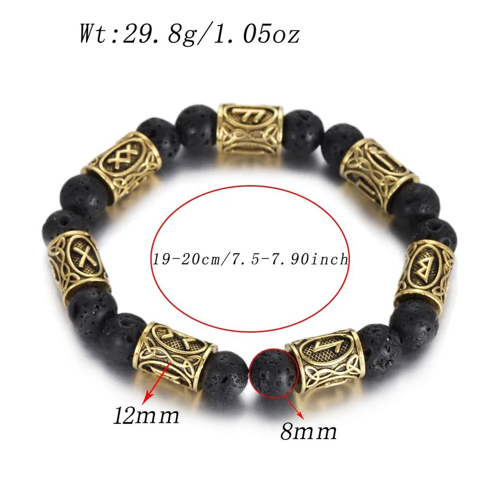 Classic Gold Vikings Runes Bracelet 8Mm Lava Stone Handmade Elastic Jewelry for Women Men