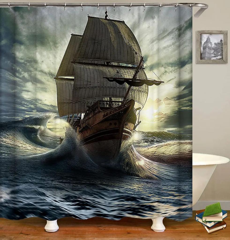 Pirate Ship Shower Curtain for Nautical Bathroom Fantasy Ocean Vintage Pirate Ship Bath Curtains Polyester Decor with 12 Hooks