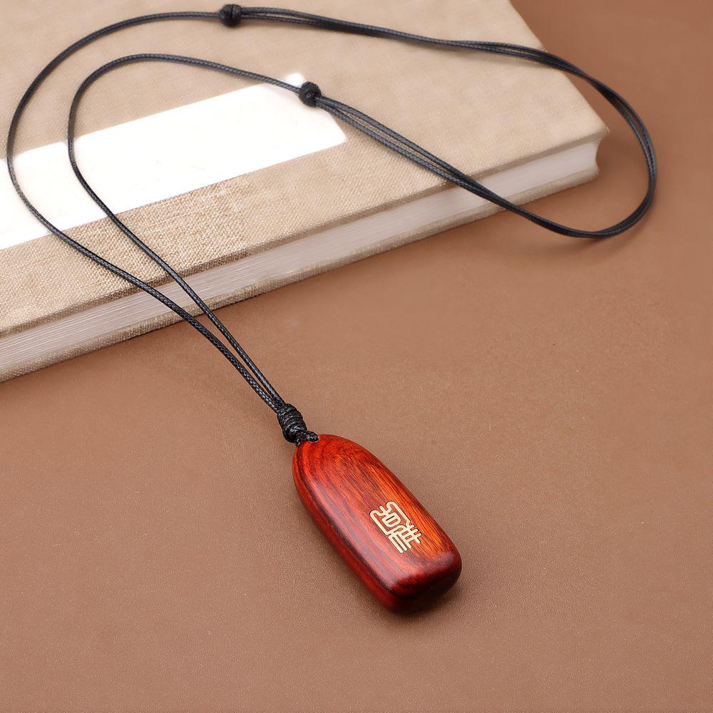 Inlaid Copper Characters Sandalwood Pendant Long Necklace - Auspicious, Retro, Versatile Style for Couples