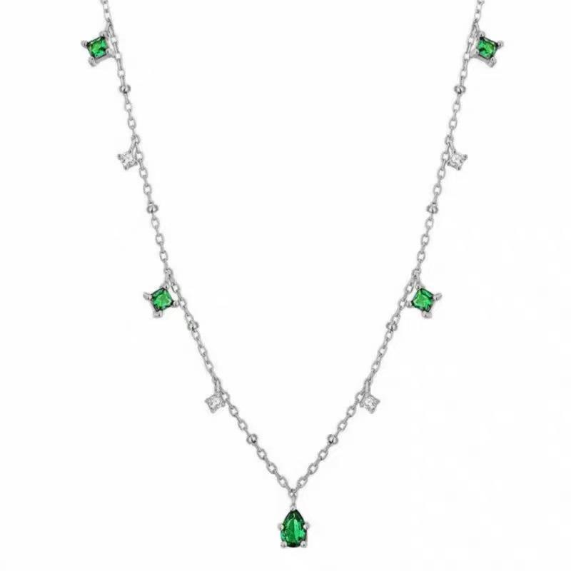 Elegant French Retro S925 Silver Necklace with Emerald Water Drop Zircon and Tassel Design