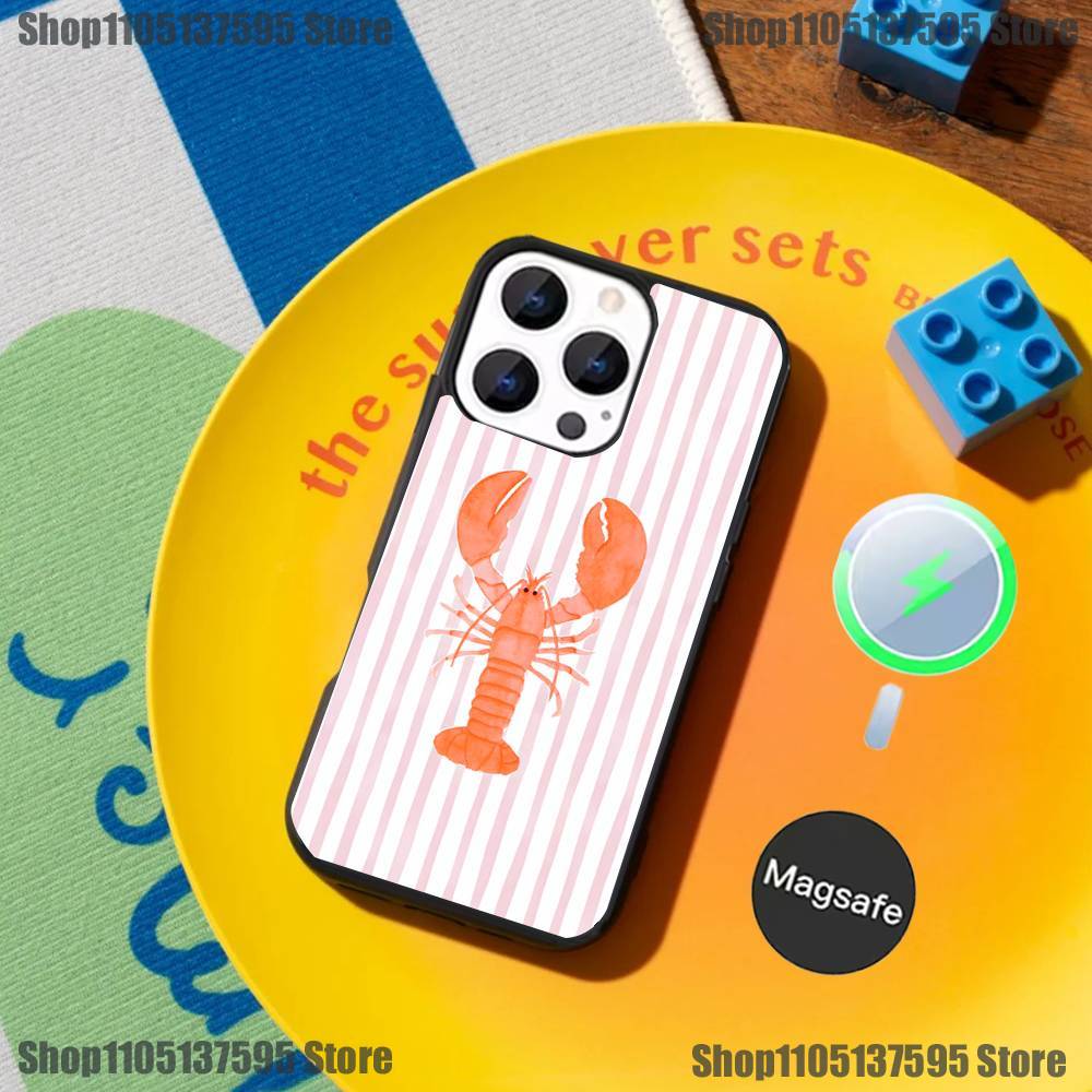 Lobster On Stripes Ocean Phone Case For iPhone 17,16,15,14,13,12,11,Pro,Max,Plus,Mini,SE4,E Magnetic Magsafe Wireless Charging
