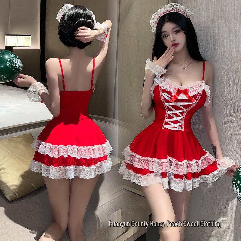 Sexy Deep V Lingerie Camisole Christmas Maid Dress for Role Play