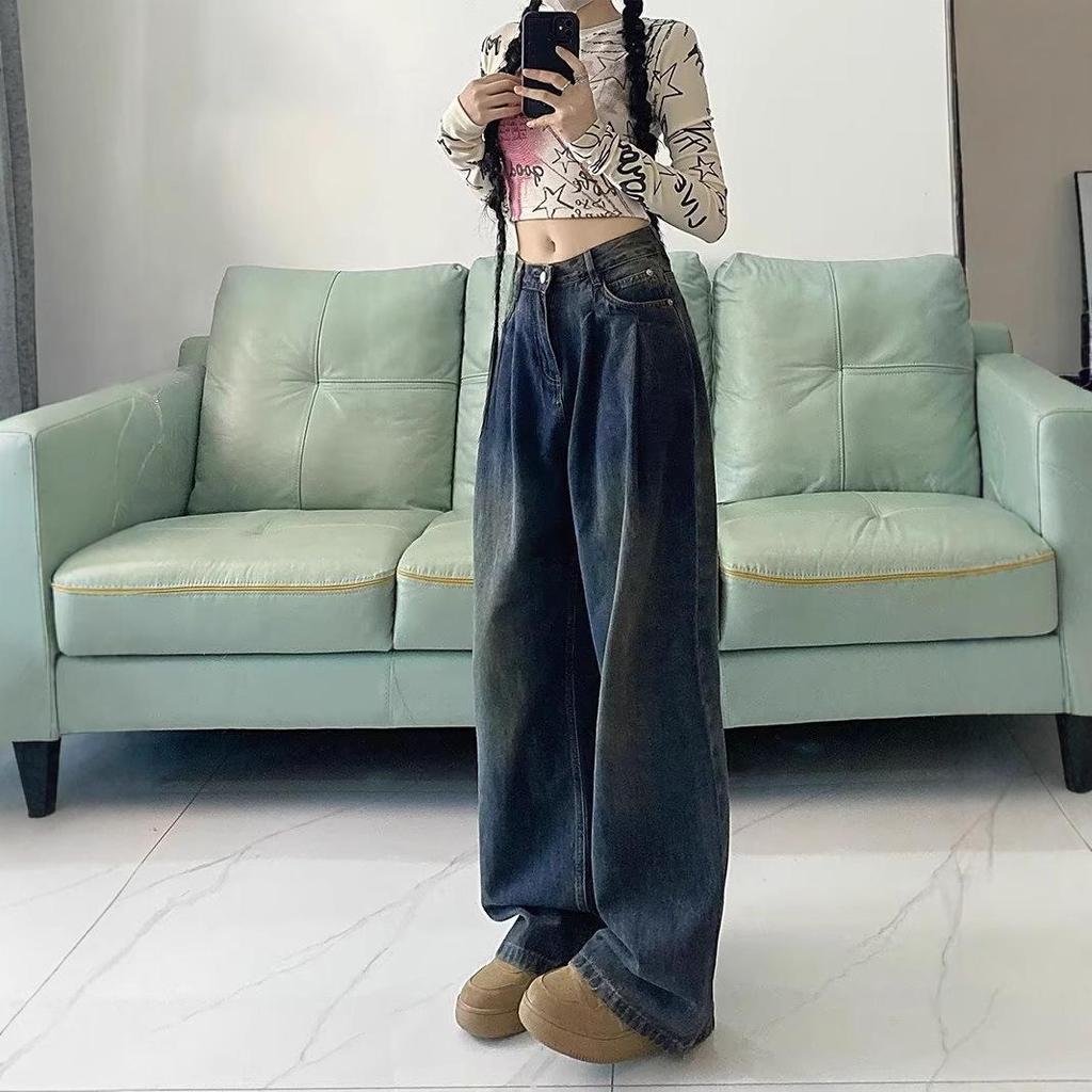 Pear-Shaped Cement Gray High-Waisted Wide-Leg Jeans: Hip-Slimming, Pleated, Retro Floor-Length Pants for Women