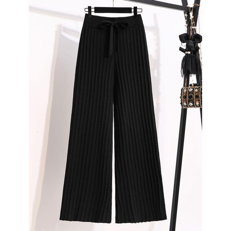 Plus Size Women's Clothing Spring & Fall New Arrival Student Black High Waist Shoelace Wool Loose Knitting Casual Straight-Leg Loose Pants Tide