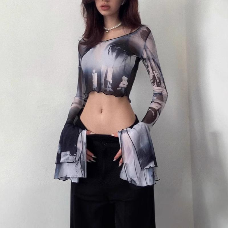 Letní evropský a americký Y2K síťovaný top slim fit s trumpetovými dlouhými rukávy