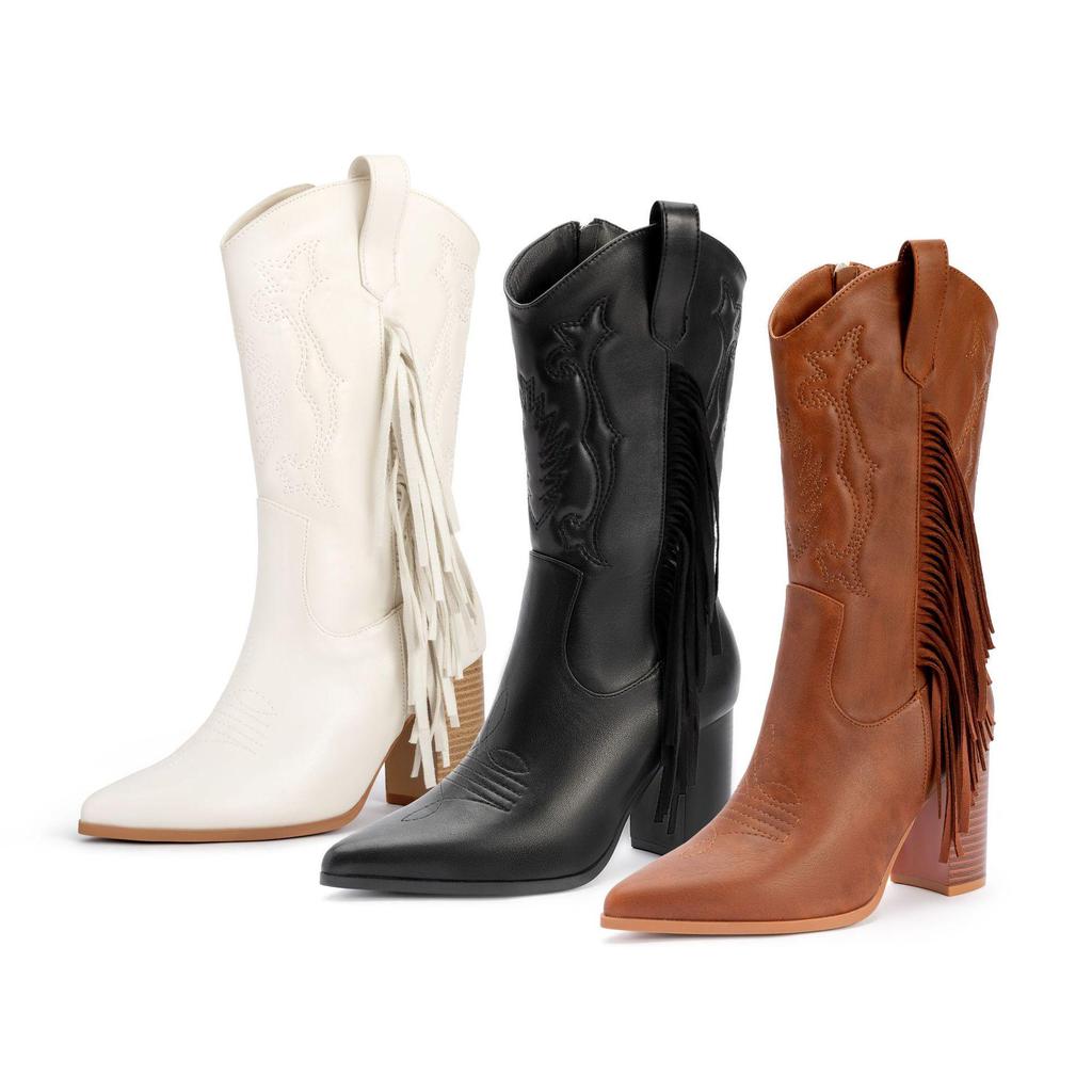 Women's High-Heeled Mid-Calf Boots: European & American Style, Large Sizes, Pointed Toe, Embroidery, Fringe, White, Western Cowboy.