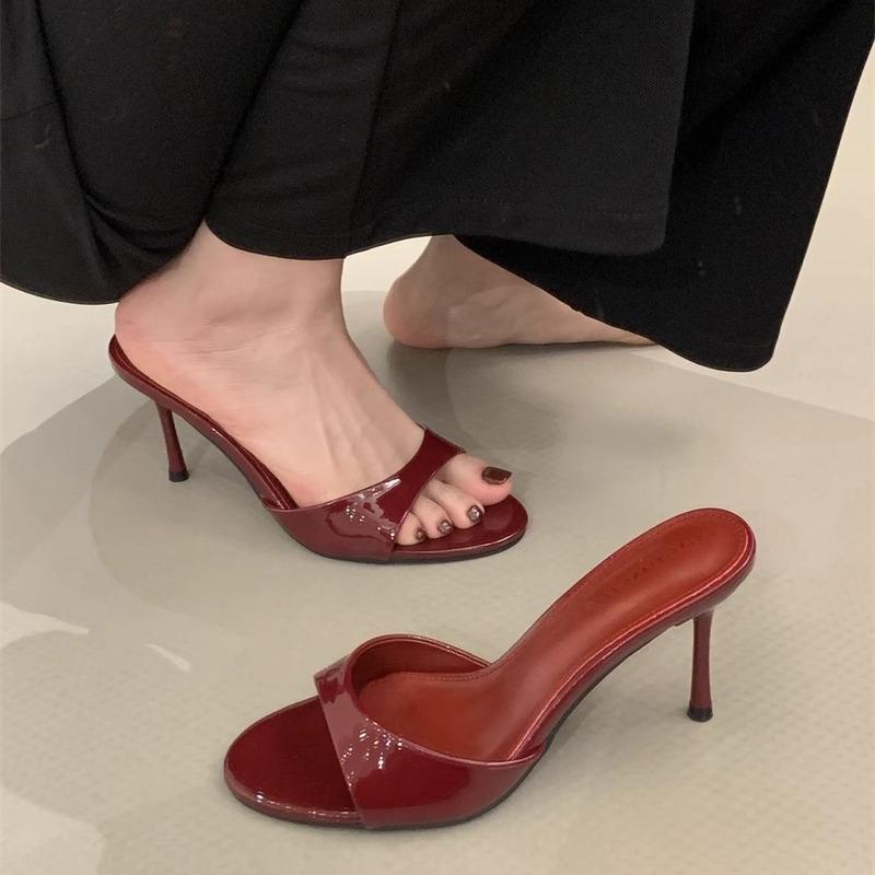 

2025 Лето Новинка Бренд Женские Шлепанцы Мода Открытый Носок Слипоны Слайды Женские Элегантные Тонкий Высокий Каблук Платье Туфли Слайды 40 вино красного