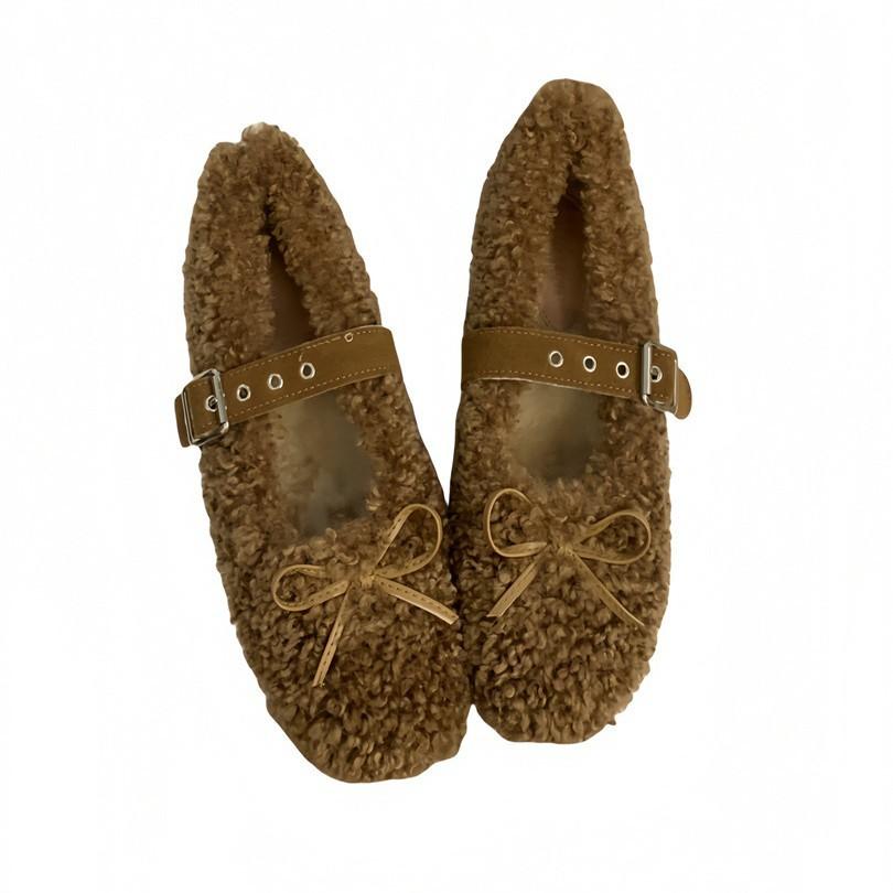 2025 autumn and winter comfortable versatile bow cotton shoes round head one-word buckle casual fluffy shoes