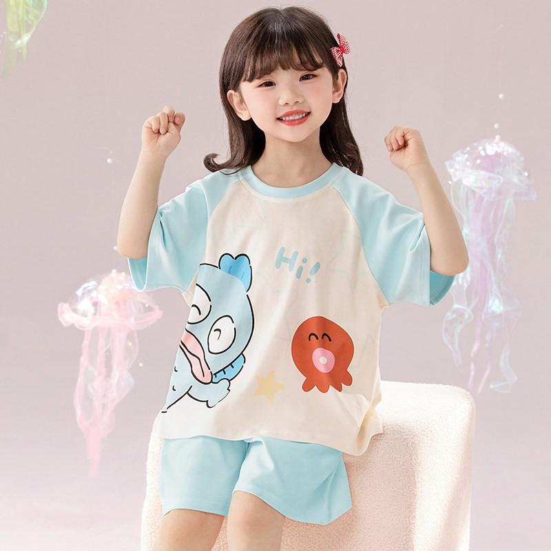 Cotton Short Sleeve Pajama Set Girls Cartoon Print Loose Sleepwear Home Outfit 2025