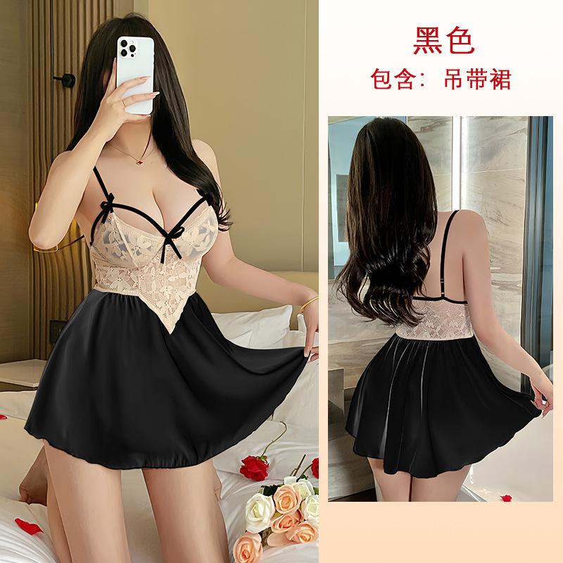 Rochie de noapte cami din satin cu petice de dantelă Sexy Decolteu adânc Decor cu fundă Lenjerie scurtă Îmbrăcăminte de casă 416 Îmbrăcăminte de dormit dulce seducătoare cu accente romantice de fundă