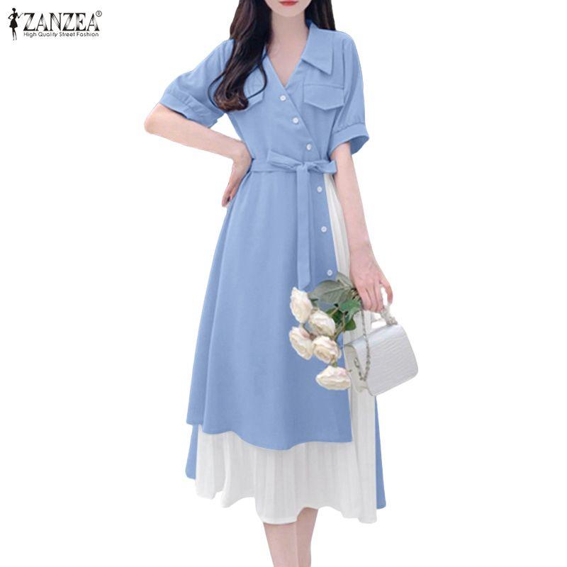 ZANZEA Women Summer Turn Down Collar Casual Patchwork Short Sleeve Dress