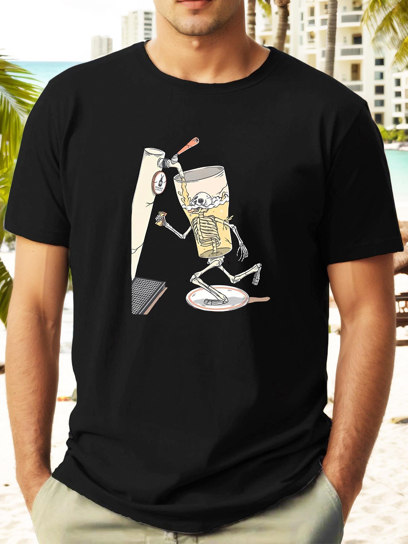 Casual Summer T-shirt with Unique Beer Skeleton Graphic - Short Sleeve S