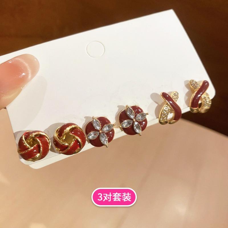 Silver Needle Diamond Drip Oil Round Stud Earrings Set New Year s Red Retro Niche Earrings Light Luxury Premium Earrings Women
