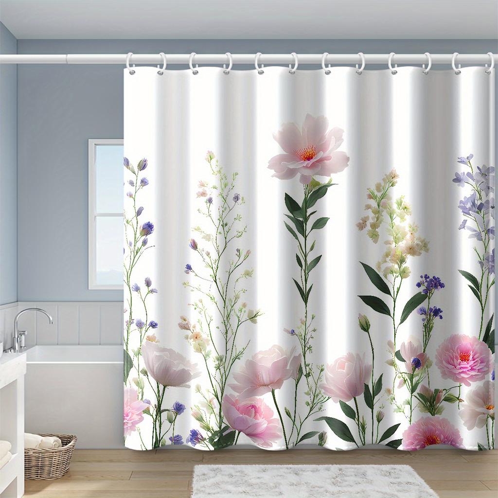 1Pcs Pink Flower Branch Print Shower Curtain, High Quality Polyester Fabric With Hooks, Suitable For Bathroom Decoration
