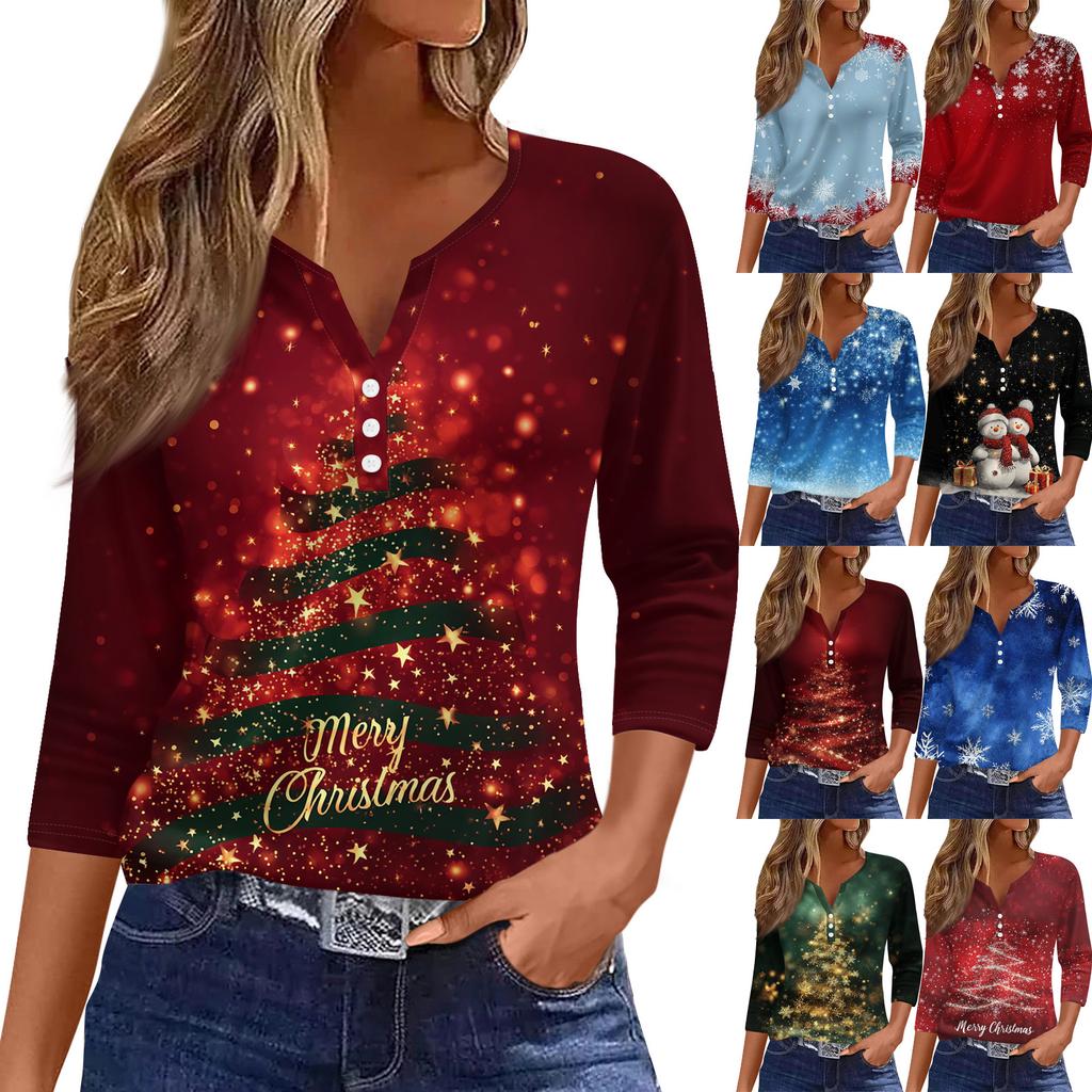 Women's Fashion Casual Christmas Tree Print V-Neck Decorative Button Three-Quarter Sleeve T-Shirt Top