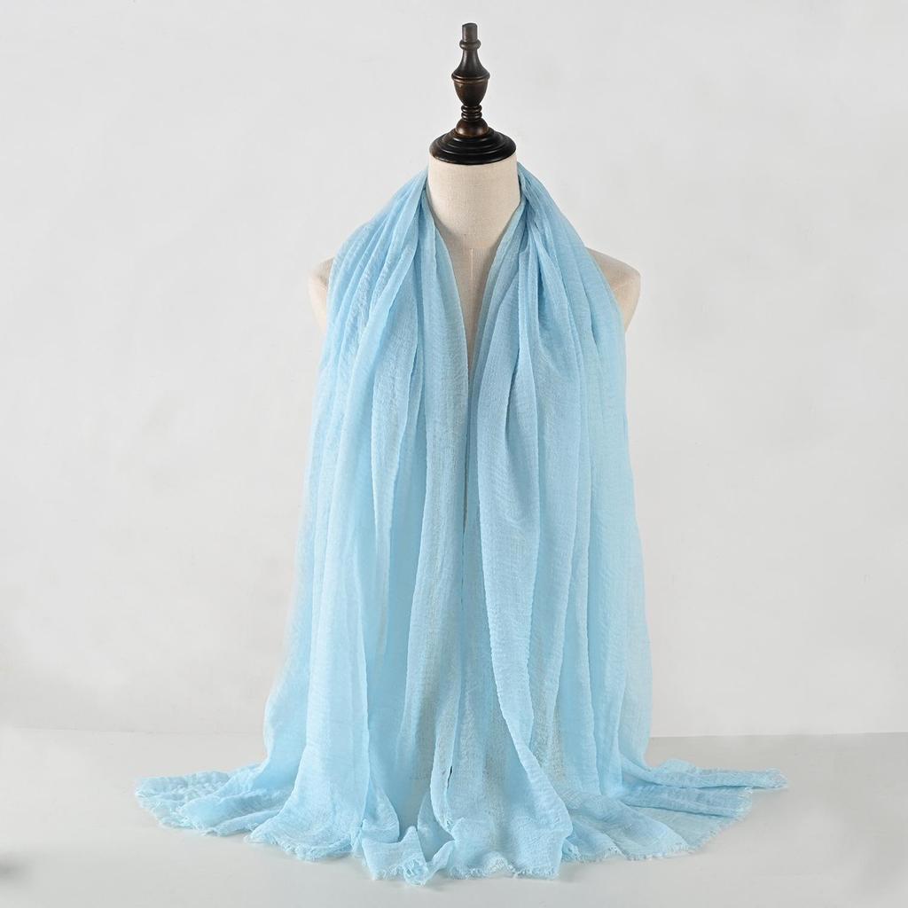 Crinkled Cotton-Linen Blend Scarf with Fringe - Solid Color, 90x180cm, Women's Headscarf