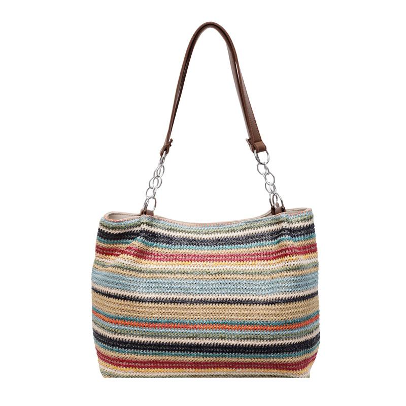 Shoulder Bag Women's Striped Contrast Color Tote Bag Woven Tote Bag Large Capacity Straw Woven Bag