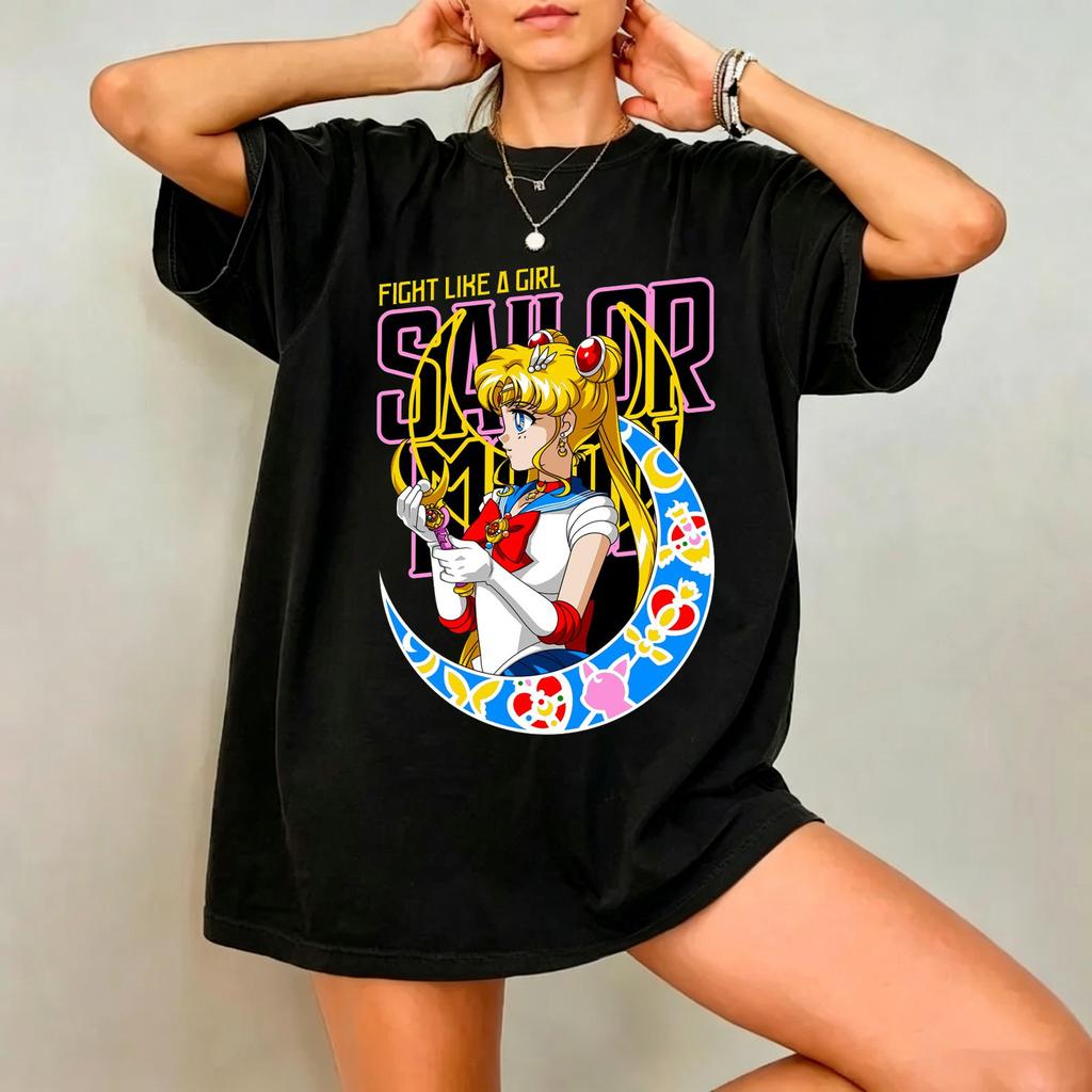 2026new American Retro Cotton Shortsleeved Tshirt With Sailor Moon Print Suitable For Both Unisex And Unisex Casual Street Style