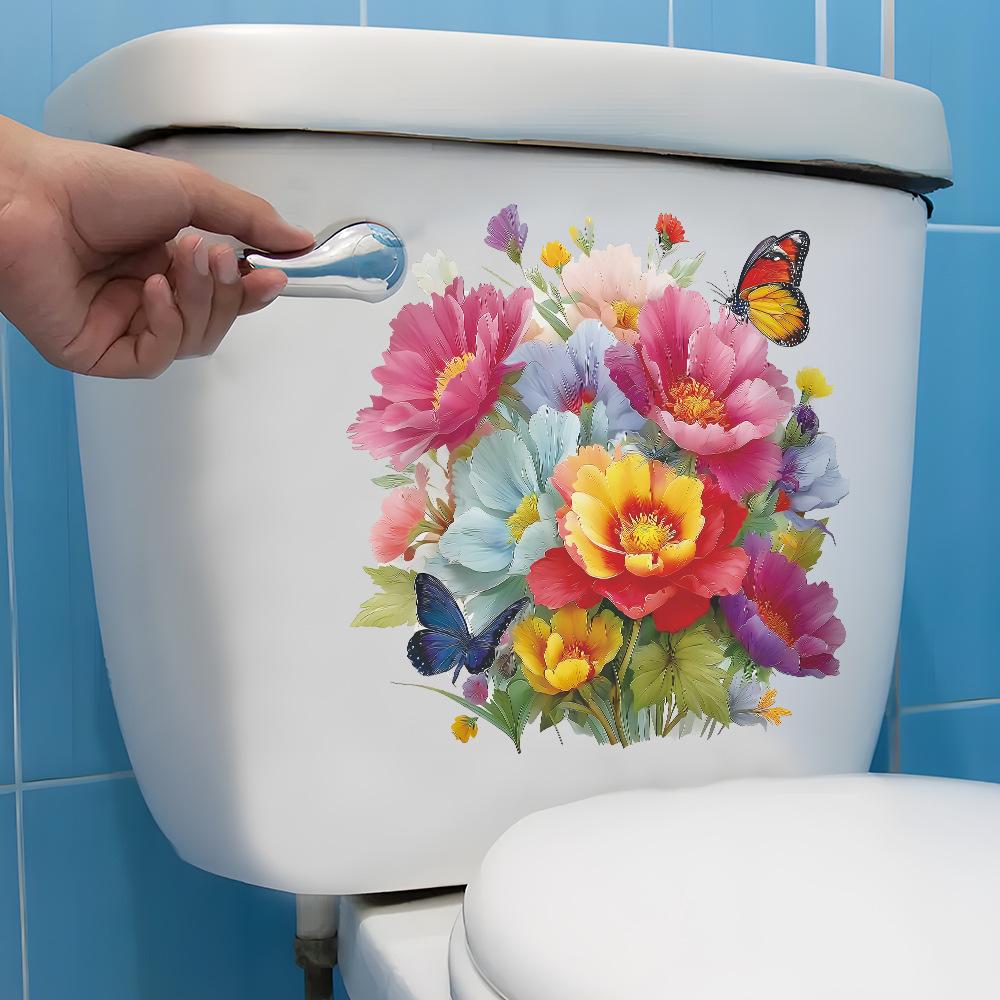 Painted Blooming Flowers and Butterflies On The Wall Decoration Stickers of The Bathroom Toilet