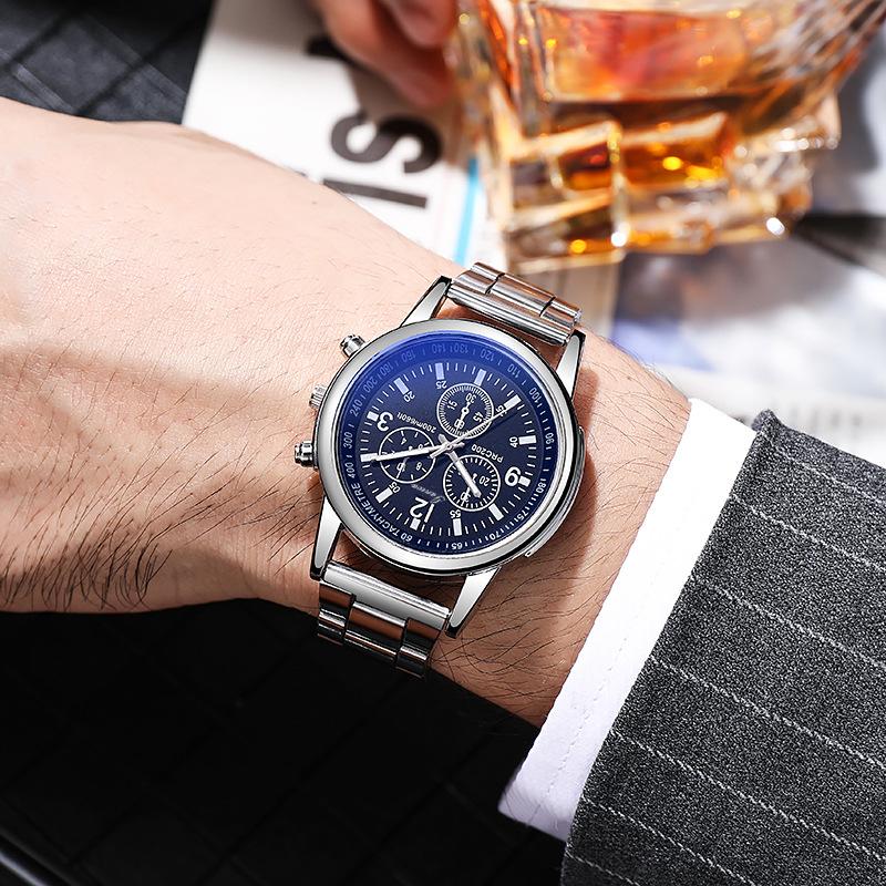 Simple Steel Belt Men's Watch Blue Light Glass Three-eye Quartz Watch Men