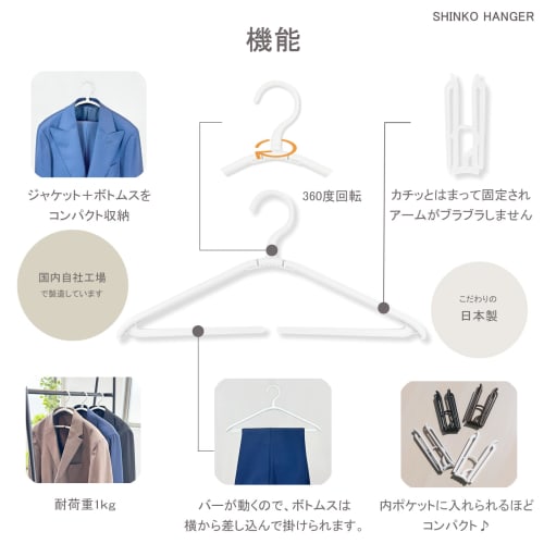 Shinko Hanger Portable Folding Hanger, White, Made In Japan, Travel Item, Portable, Compact, Storage, Perfect for Business Trips, Overseas Travel, Cam
