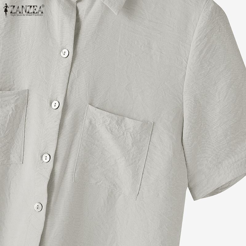 ZANZEA Women Casual Turn Down Collar Solid Color Short Sleeve Dress