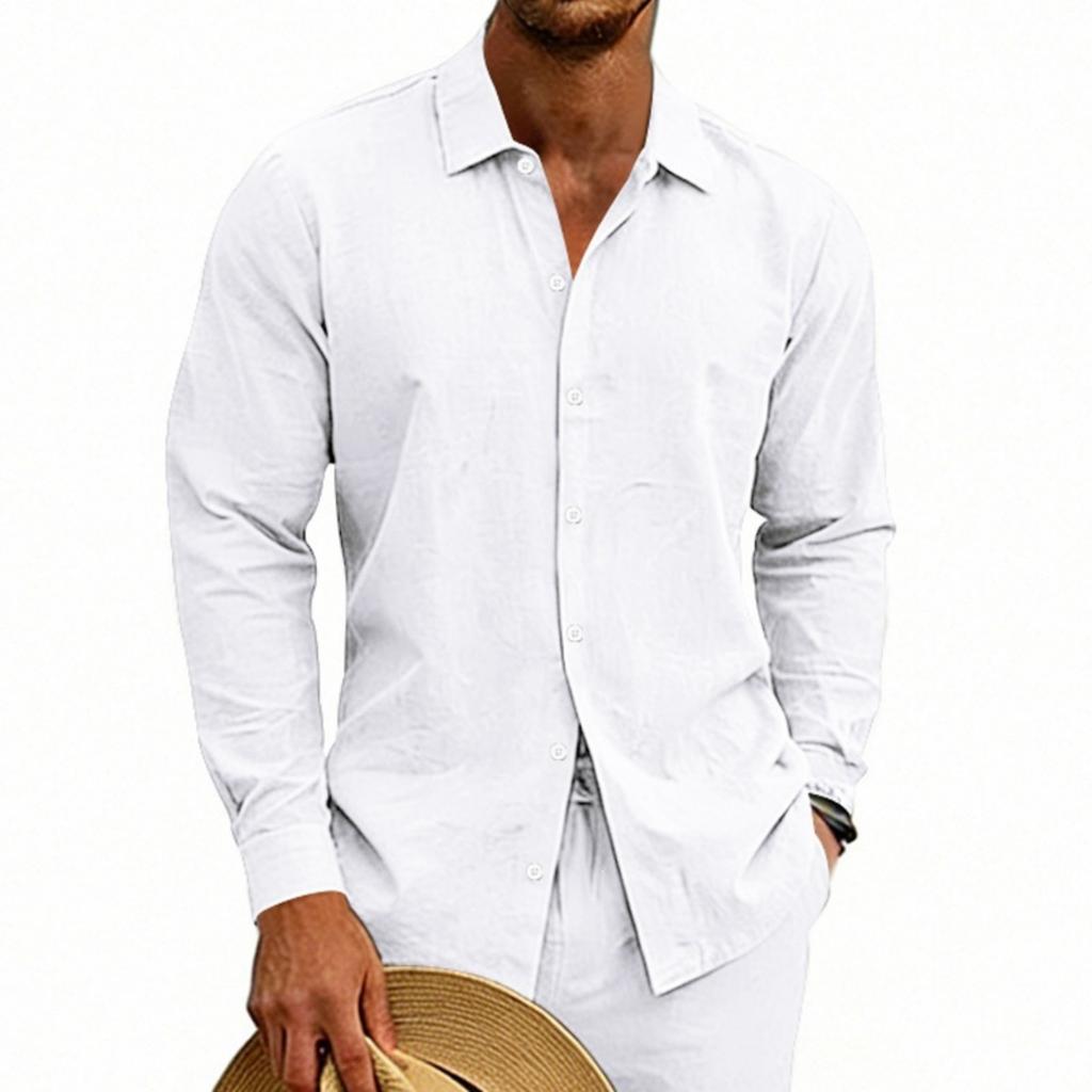 Men's Loose Fit Long Sleeve Shirt Linen Material Button Down Collar Casual Beachwear Comfortable Breathable Summer Shirt