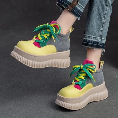 Sapatos plataforma baixos de couro genuíno, cores mistas, sola grossa, sapatos casuais femininos altos