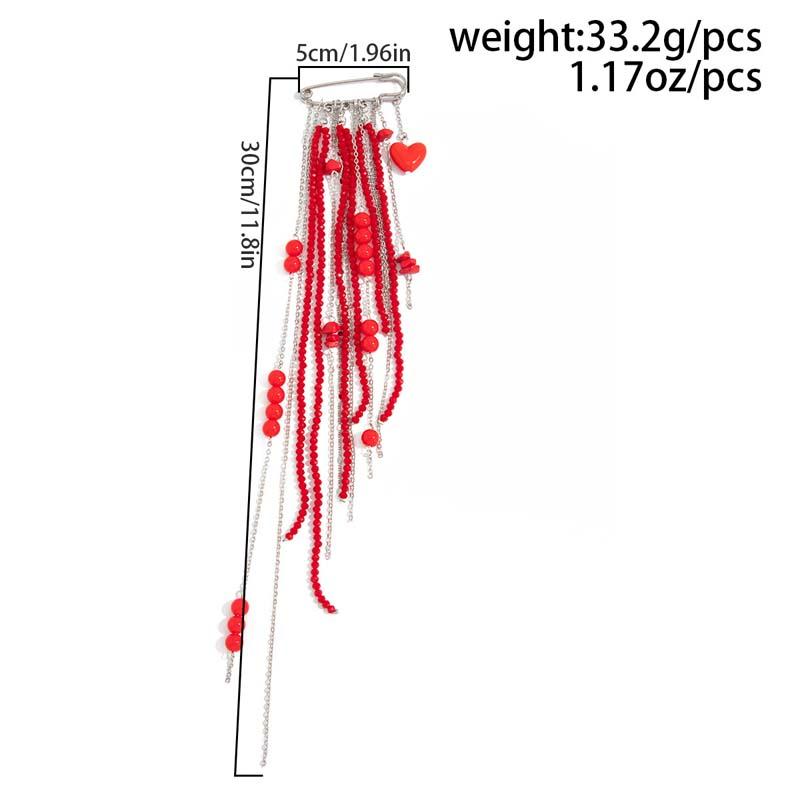 Exaggerated Red Crystal Bead Brooch for Women Men Punk Long Tassel Chain Heart Pendant Brooch Suit Decoration Jewelry Accessorie