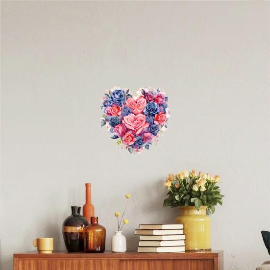 Watercolor Rose Heart Wall Stickers, Peel And Stick Pink Blue Floral Decals, Removable Waterproof PVC Flower Stickers for Bedroom Living Room