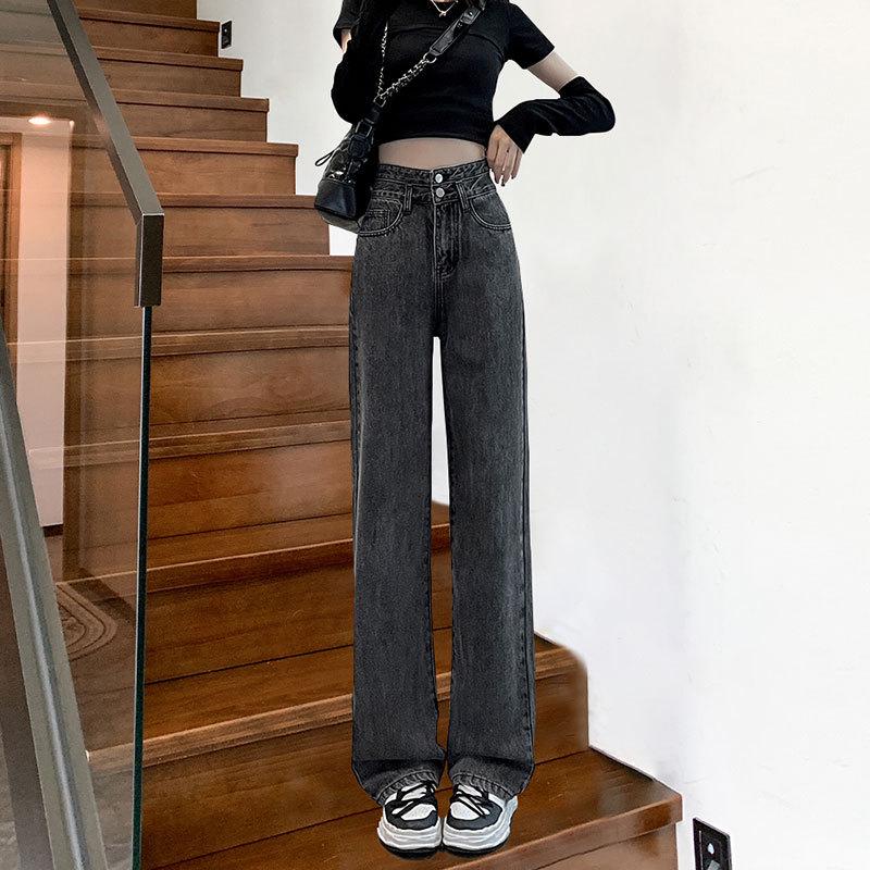 Women s High-Waisted Wide-Leg Jeans - Double Button, Straight, Floor-Length (2022 Summer/Autumn Style) S