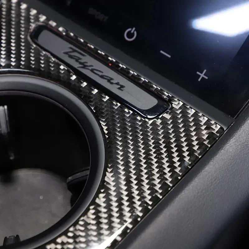 Soft Carbon Fiber Car Central Cup Holder Cover Decorate Sticker Interior Car Accessories For Porsche Taycan 2019-2025 (LHD RHD)