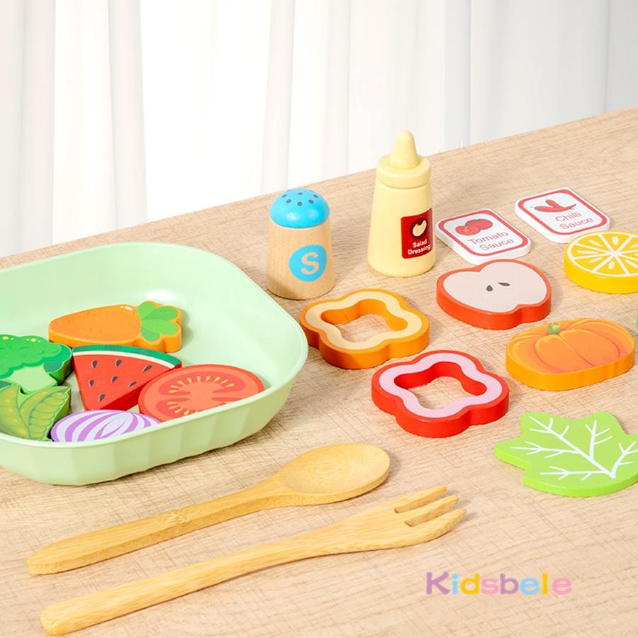 Kid Diy Wooden Kitchen Simulation Food Set Play Simulation Fruit Vegetable Salad Toy With Sauce Bottles Birthday Gift For Girls