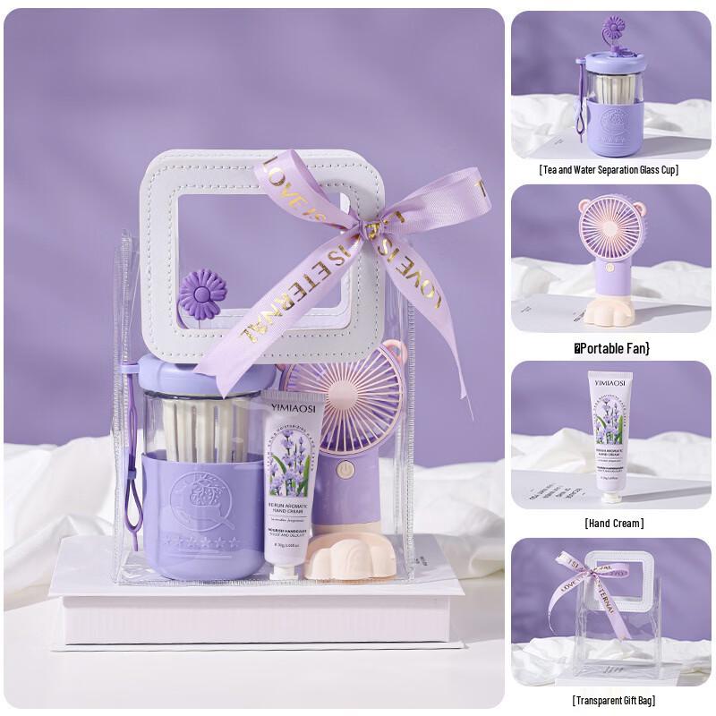 Premium Glass Cup, Fan & Hand Cream Gift Set