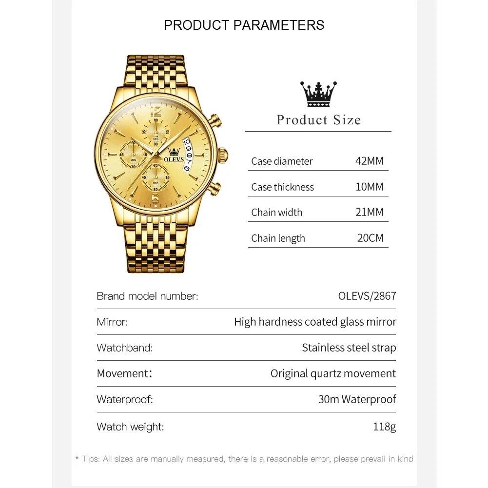 OLEVS Men's Watches Waterproof Luminous Sport Watch Chronograph Multifunction Business Fashion Gold Men's Quartz Watch
