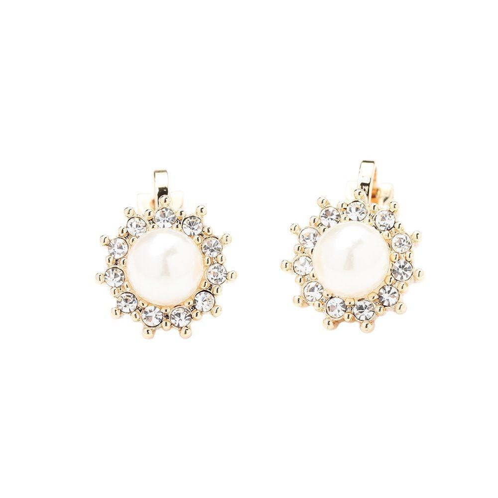 Neues Produkt Temperament schlicht Diamantbesetzt Gold und Silber zweifarbig Blume Perlenstecker Ohrringe vielseitig Mode ohne Ohrloch Ohrstecker Damen
