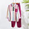 Yousheng 2 Pcs/Set Women Shirt Pants Set Color Matching Striped Printed Chest Pocket Single-breasted Long Sleeves Lapel Blouse Elastic Waist Loose