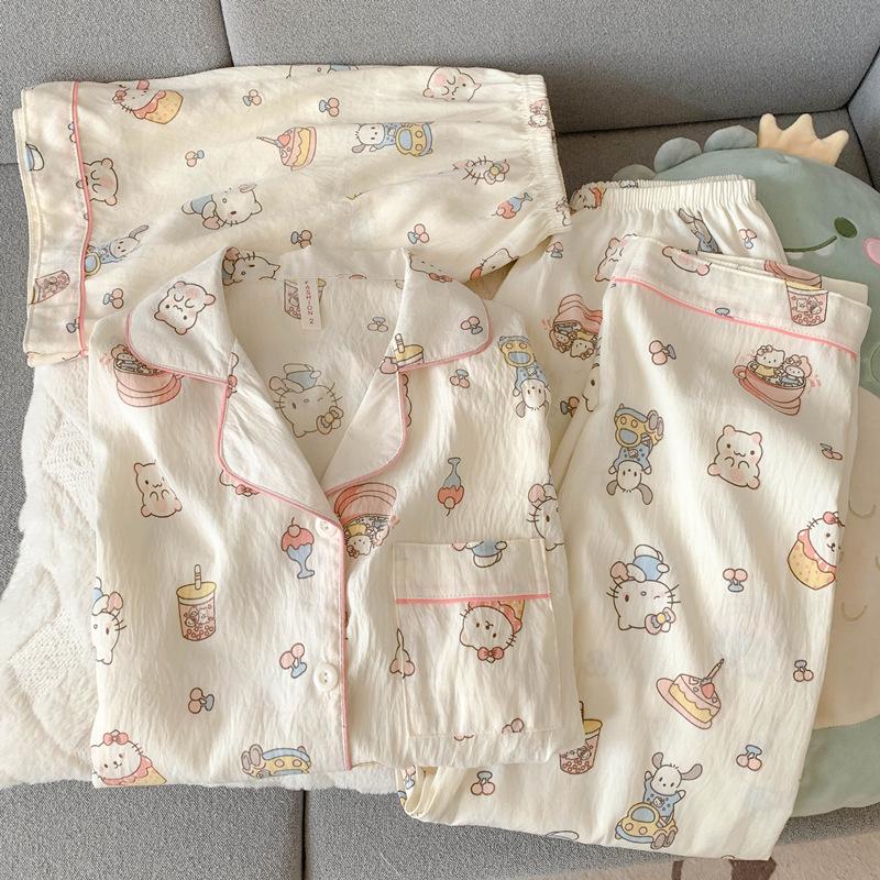 

Летний женский пижамный комплект из хлопка Blue Bear — с короткими рукавами, милый мультяшный дизайн, домашний комплект из трех предметов. L (100-120 Jin)