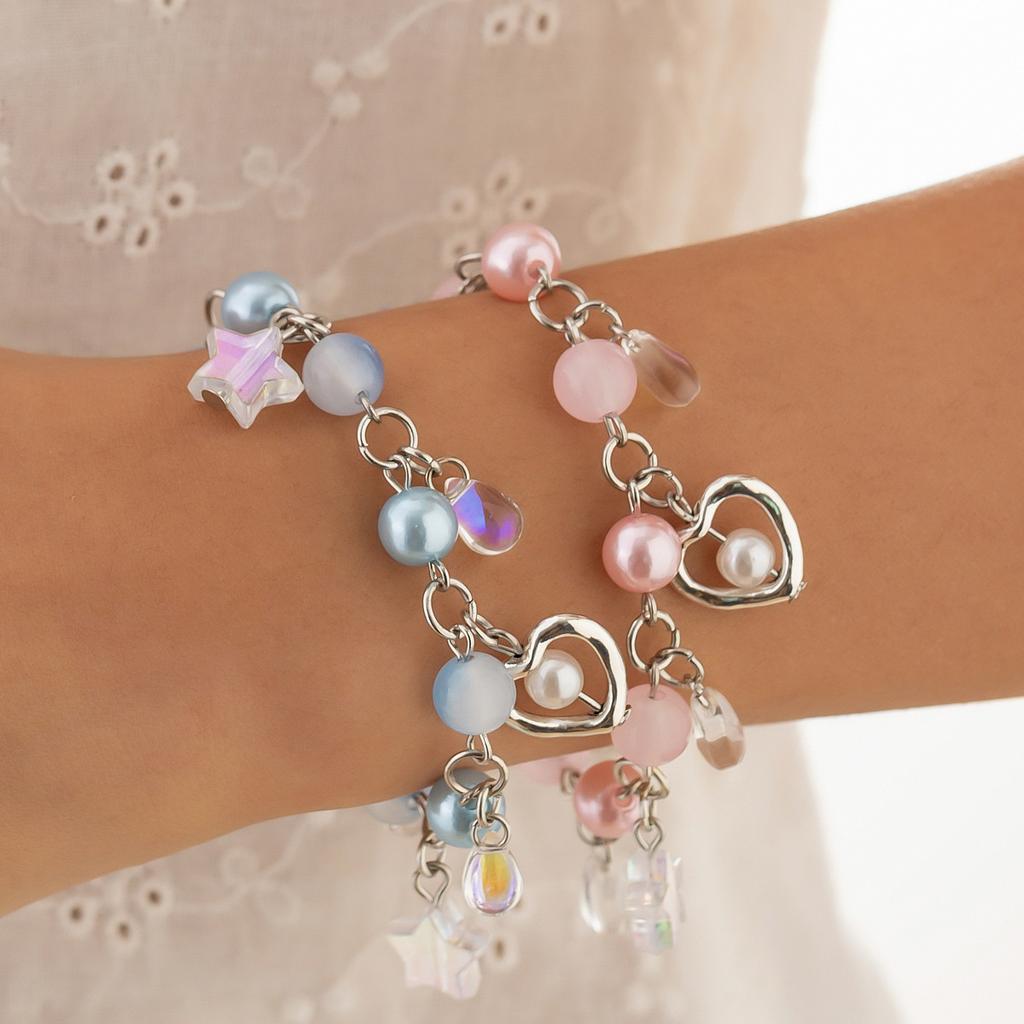 Punk Spice Girl Hollow Pentagram Love Pendant Bracelet, Sweet Cool Strawberry Beaded Jewelry For Women